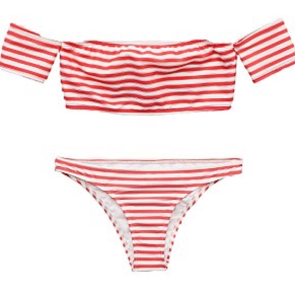 NWT Aerie Off the Shoulder Red Stripe Bikini Set - Picture 5 of 5
